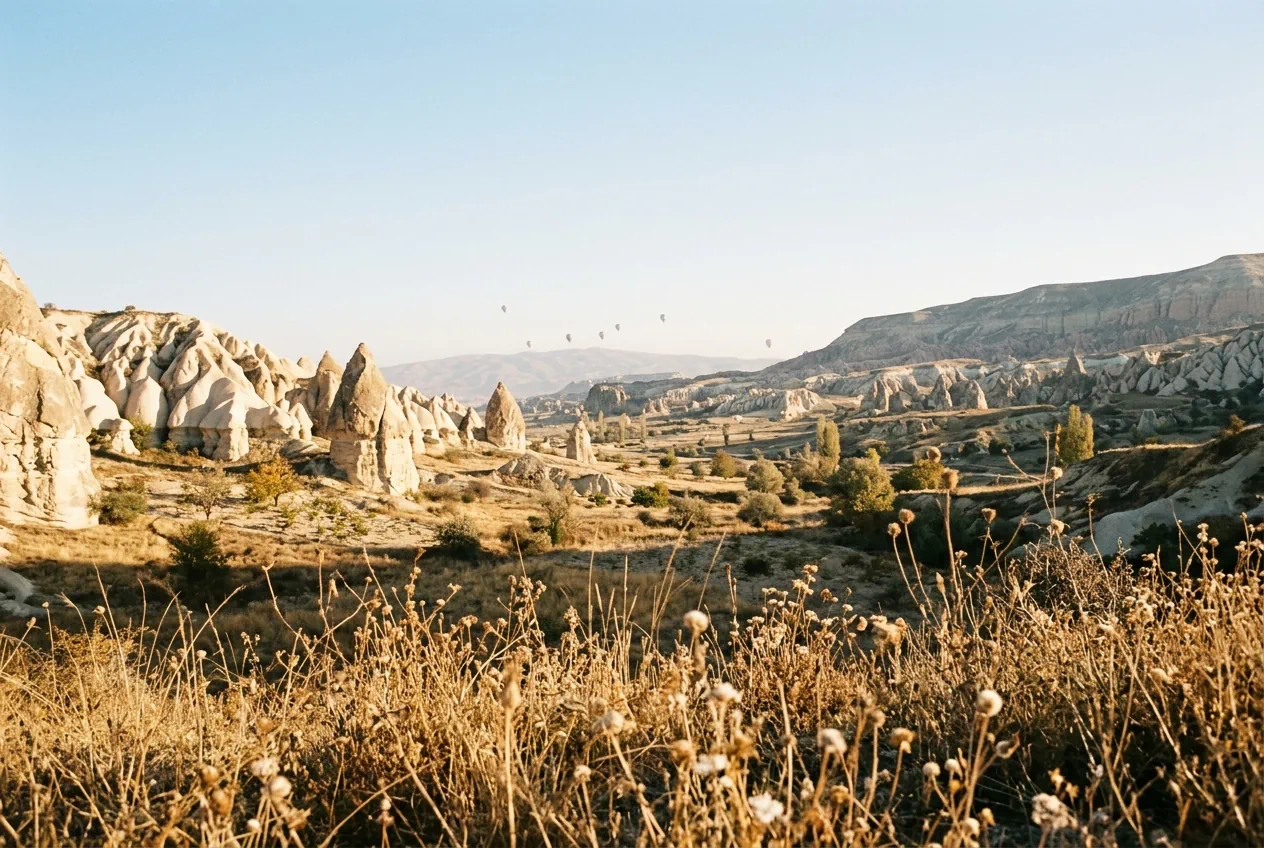 Autumn light over the Cappadocia valleys in Turkey with balloons in the distance