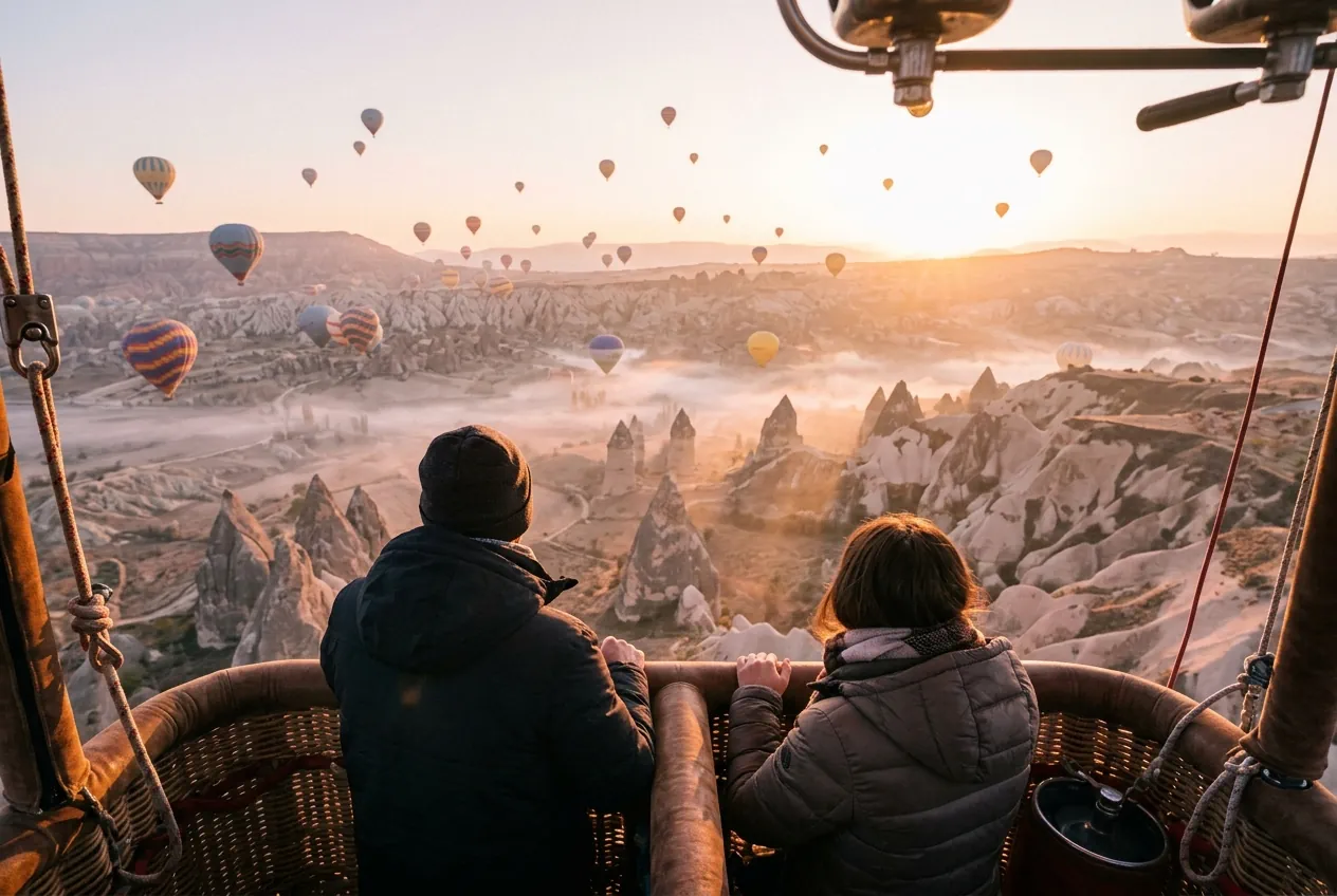 Passengers in a hot air balloon basket looking out over Cappadocia at sunrise
