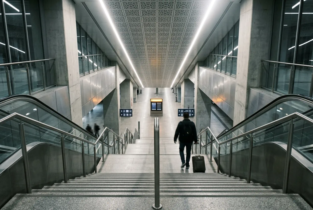 Entrance to the metro station at Istanbul Airport with signage above the stairs