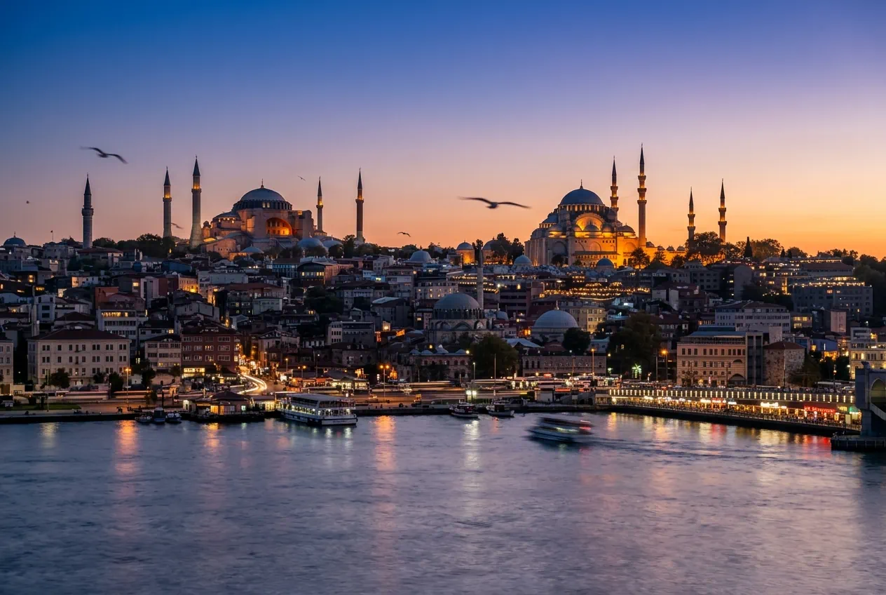 Sultanahmet skyline in Istanbul at dusk with the Blue Mosque and Hagia Sophia
