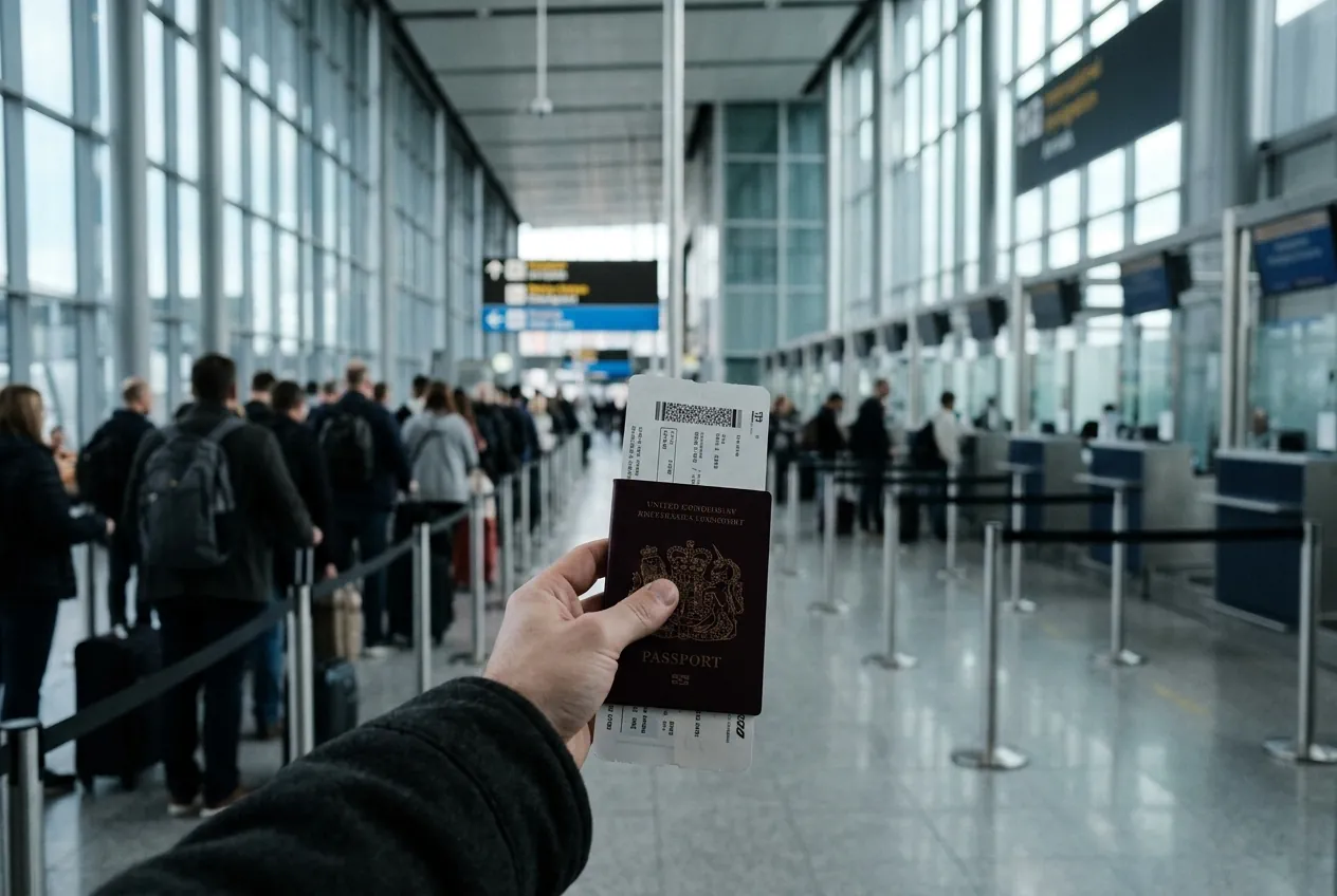 Passport and boarding pass held at Istanbul Airport arrivals hall